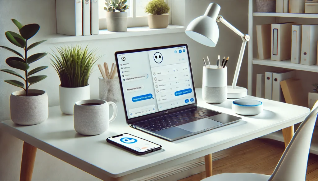 DALL·E 2025 02 10 14.51.33 A realistic digital illustration of a modern virtual assistant workspace. The setting features a sleek white desk with a laptop displaying an AI chatb