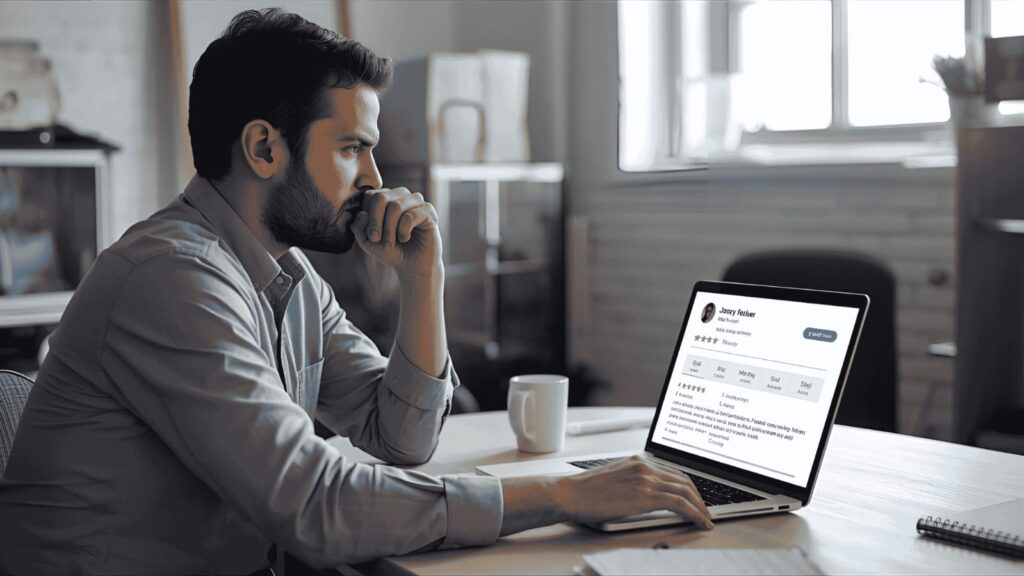 Small Business Owner Responding to Google Reviews Thoughtfully